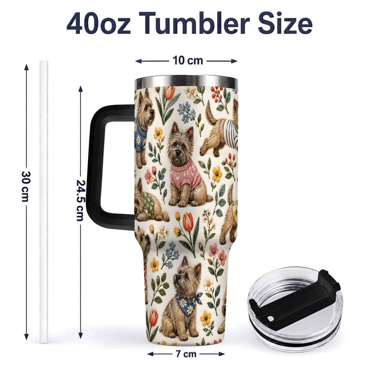 #pl[40oz|Black] Floral Terrier 40oz Tumbler, Botanical Dog Pattern Drinkware for Daily Use