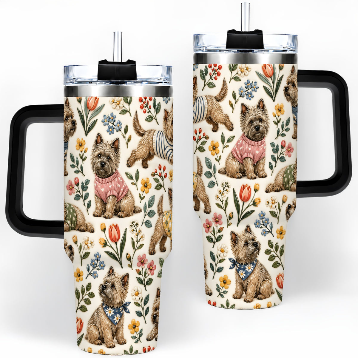 #pl[40oz|Black] Floral Terrier 40oz Tumbler, Botanical Dog Pattern Drinkware for Daily Use