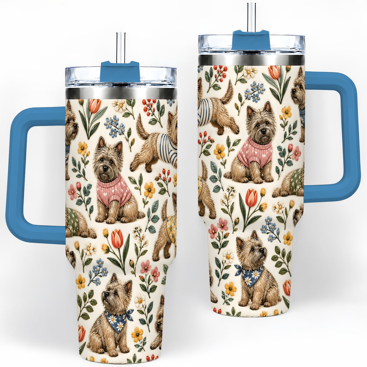 #pl[40oz|Blue] Floral Terrier 40oz Tumbler, Botanical Dog Pattern Drinkware for Daily Use