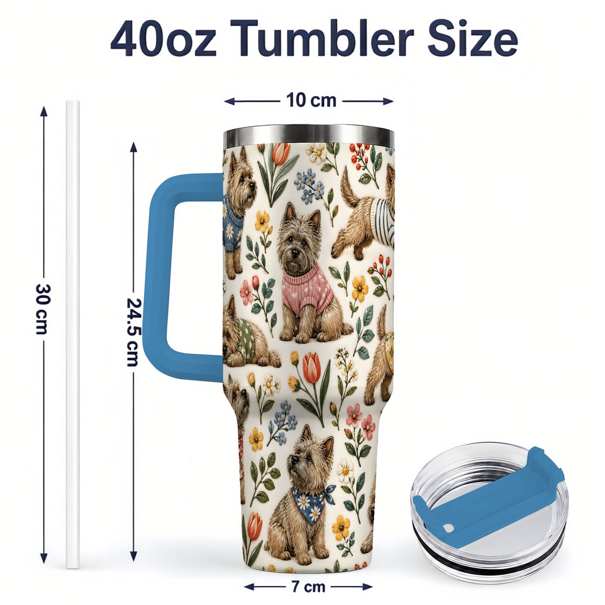 #pl[40oz|Blue] Floral Terrier 40oz Tumbler, Botanical Dog Pattern Drinkware for Daily Use