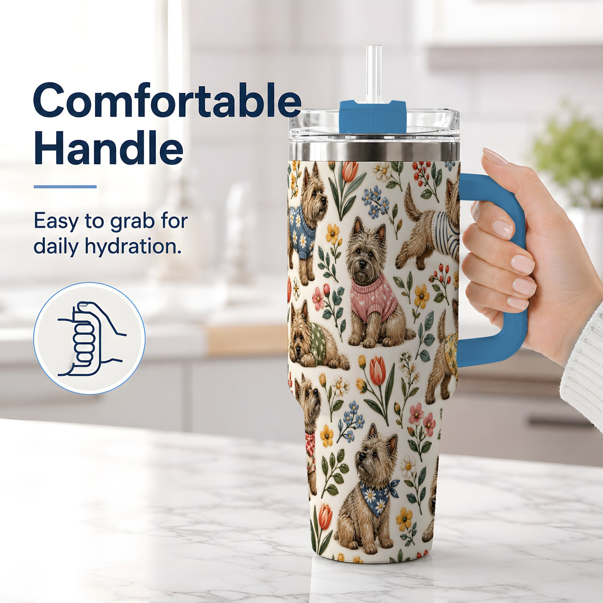 #pl[40oz|Blue] Floral Terrier 40oz Tumbler, Botanical Dog Pattern Drinkware for Daily Use