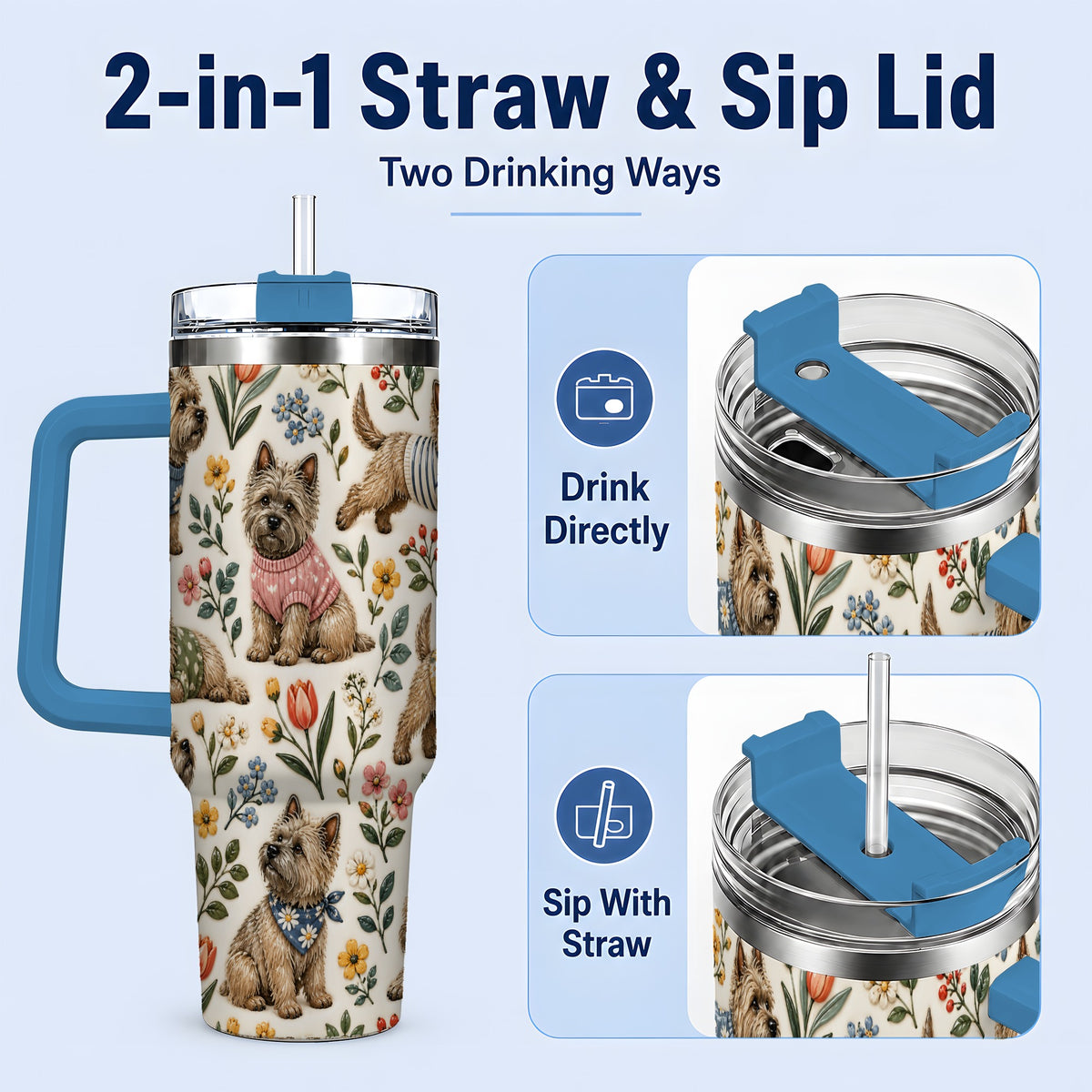 #pl[40oz|Blue] Floral Terrier 40oz Tumbler, Botanical Dog Pattern Drinkware for Daily Use