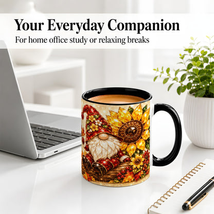 #pl[11oz|Black] Autumn Gnome Accent Mug, Sunflower and Maple Leaf Fall Design