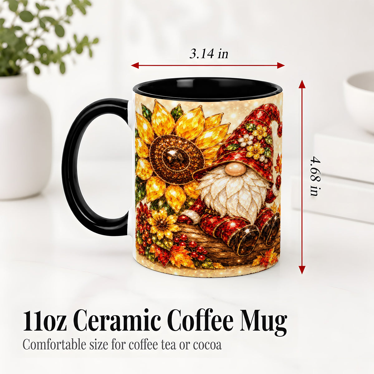 #pl[11oz|Black] Autumn Gnome Accent Mug, Sunflower and Maple Leaf Fall Design