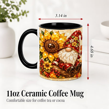 #pl[11oz|Black] Autumn Gnome Accent Mug, Sunflower and Maple Leaf Fall Design