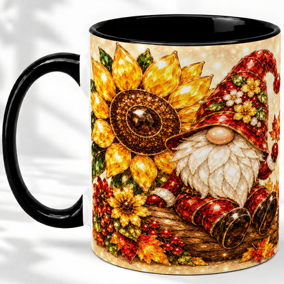 #pl[11oz|Black] Autumn Gnome Accent Mug, Sunflower and Maple Leaf Fall Design