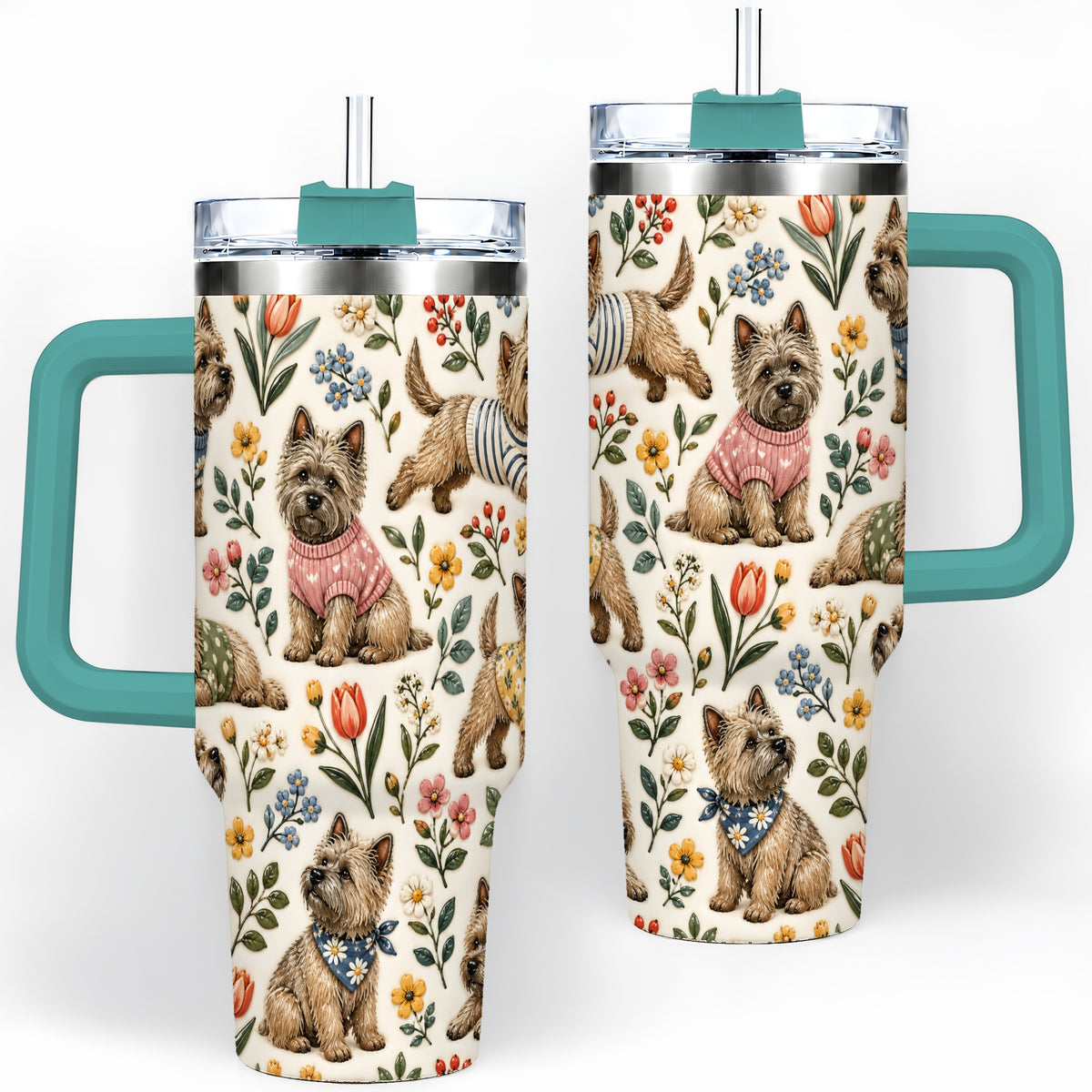 #pl[40oz|Green] Floral Terrier 40oz Tumbler, Botanical Dog Pattern Drinkware for Daily Use