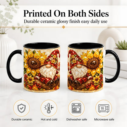 #pl[11oz|Black] Autumn Gnome Accent Mug, Sunflower and Maple Leaf Fall Design