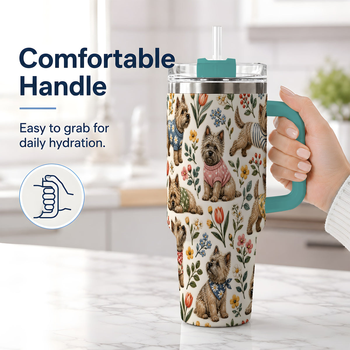 #pl[40oz|Green] Floral Terrier 40oz Tumbler, Botanical Dog Pattern Drinkware for Daily Use