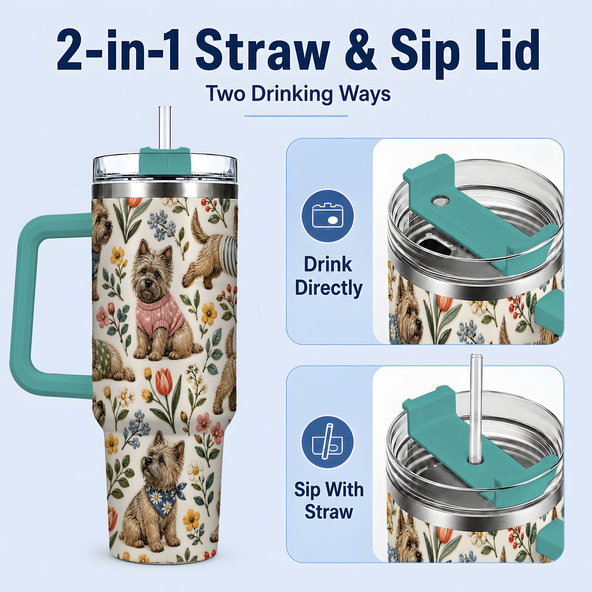 #pl[40oz|Green] Floral Terrier 40oz Tumbler, Botanical Dog Pattern Drinkware for Daily Use