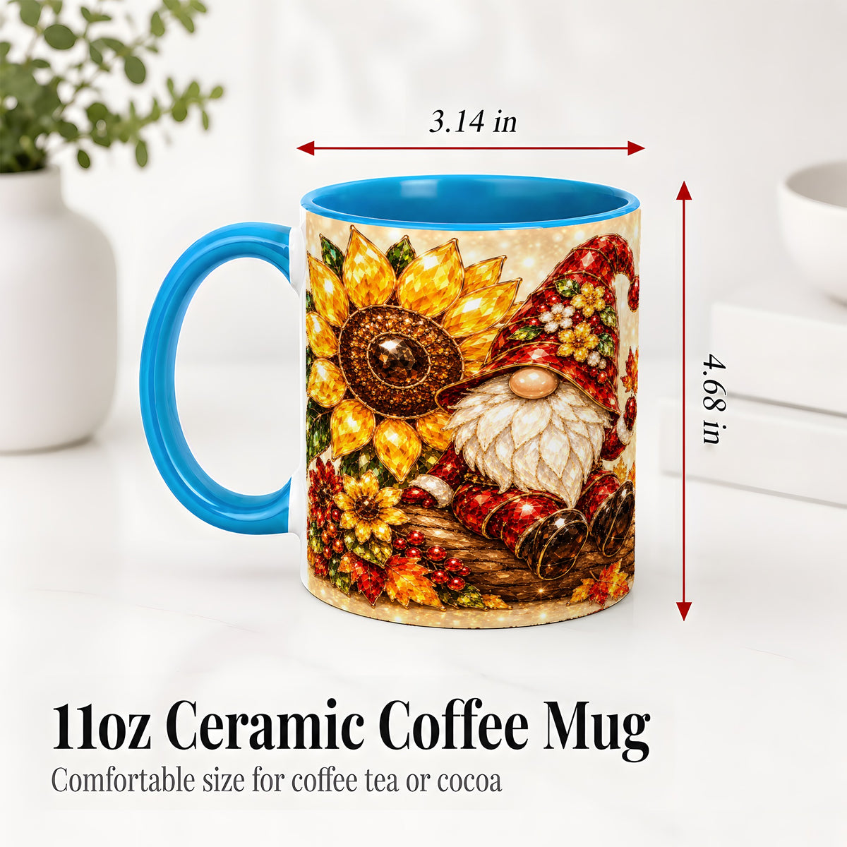 #pl[11oz|Blue] Autumn Gnome Accent Mug, Sunflower and Maple Leaf Fall Design