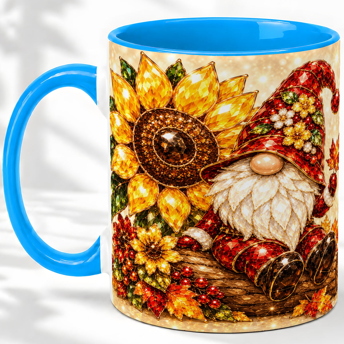 #pl[11oz|Blue] Autumn Gnome Accent Mug, Sunflower and Maple Leaf Fall Design