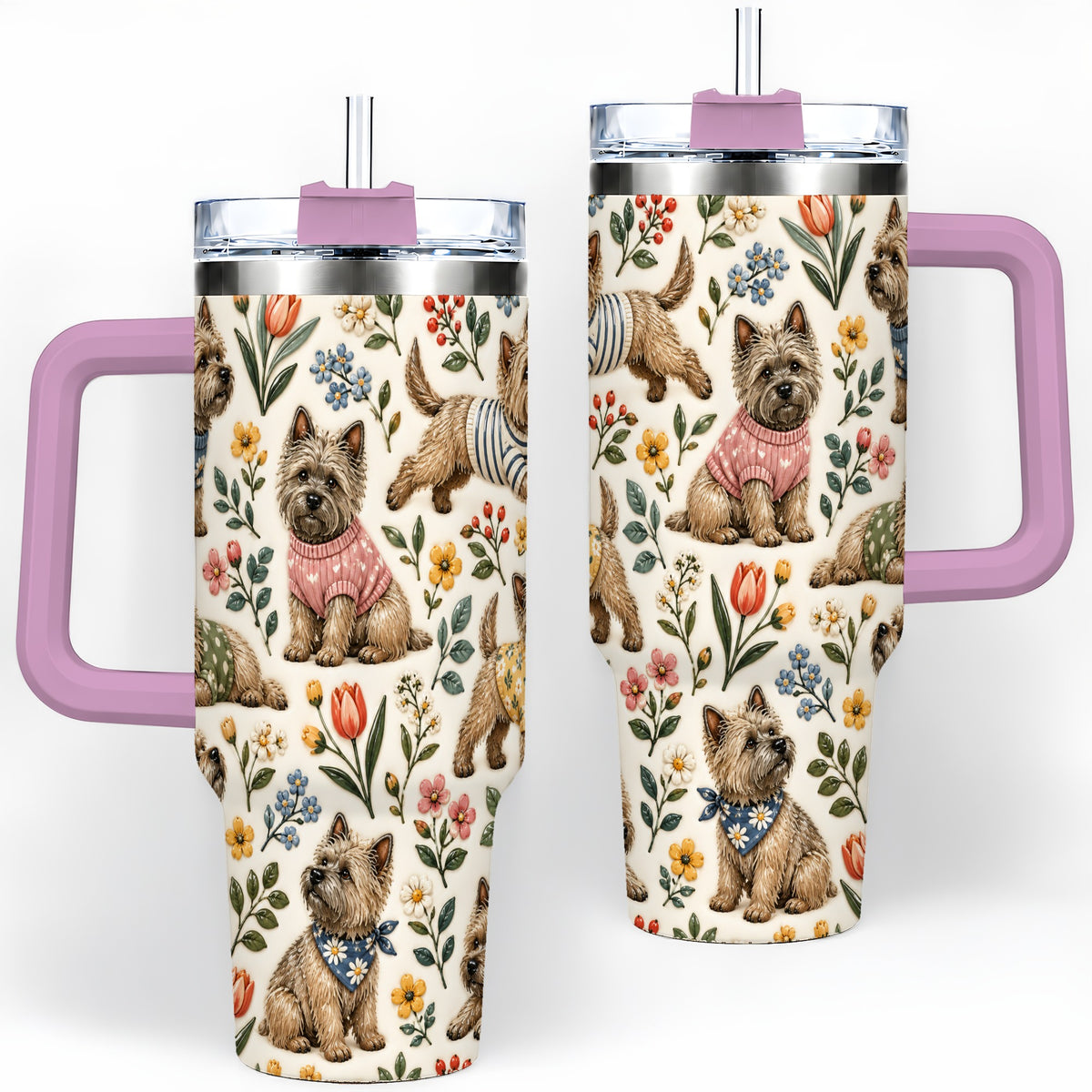 #pl[40oz|Pink] Floral Terrier 40oz Tumbler, Botanical Dog Pattern Drinkware for Daily Use