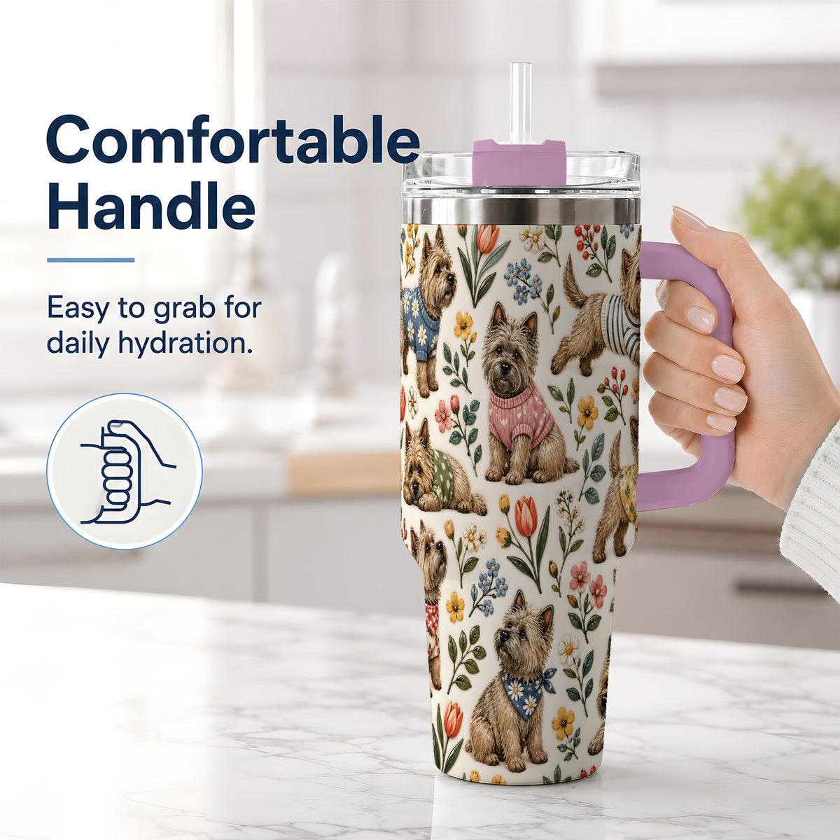 #pl[40oz|Pink] Floral Terrier 40oz Tumbler, Botanical Dog Pattern Drinkware for Daily Use
