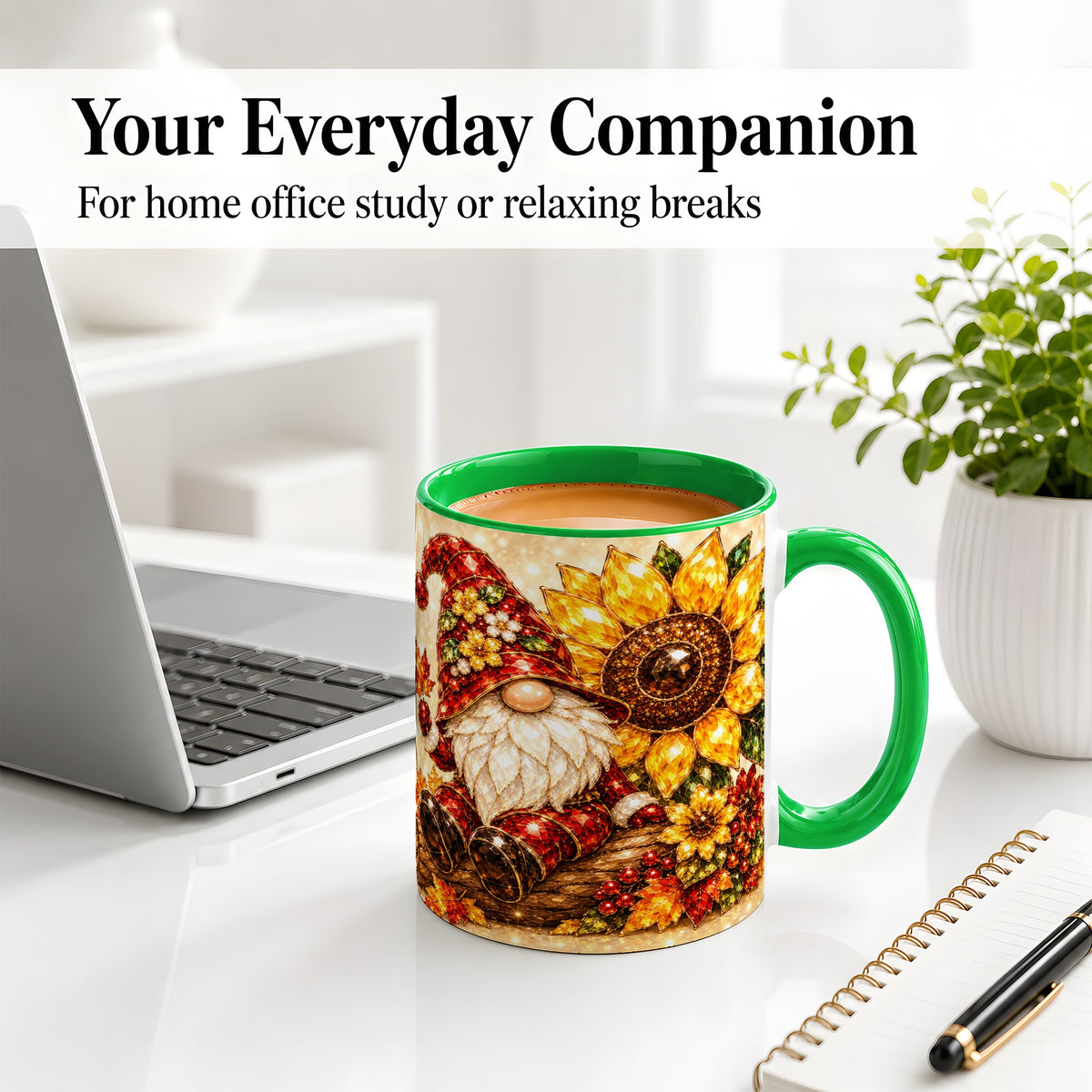 #pl[11oz|Green] Autumn Gnome Accent Mug, Sunflower and Maple Leaf Fall Design