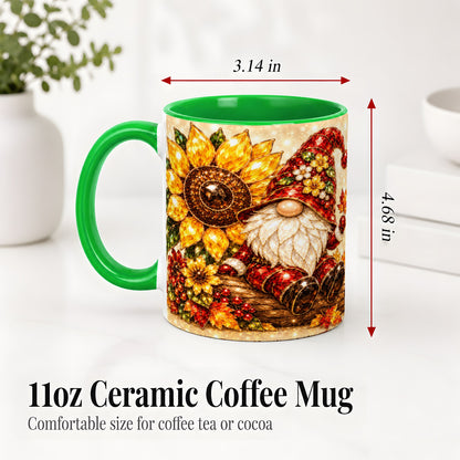 #pl[11oz|Green] Autumn Gnome Accent Mug, Sunflower and Maple Leaf Fall Design
