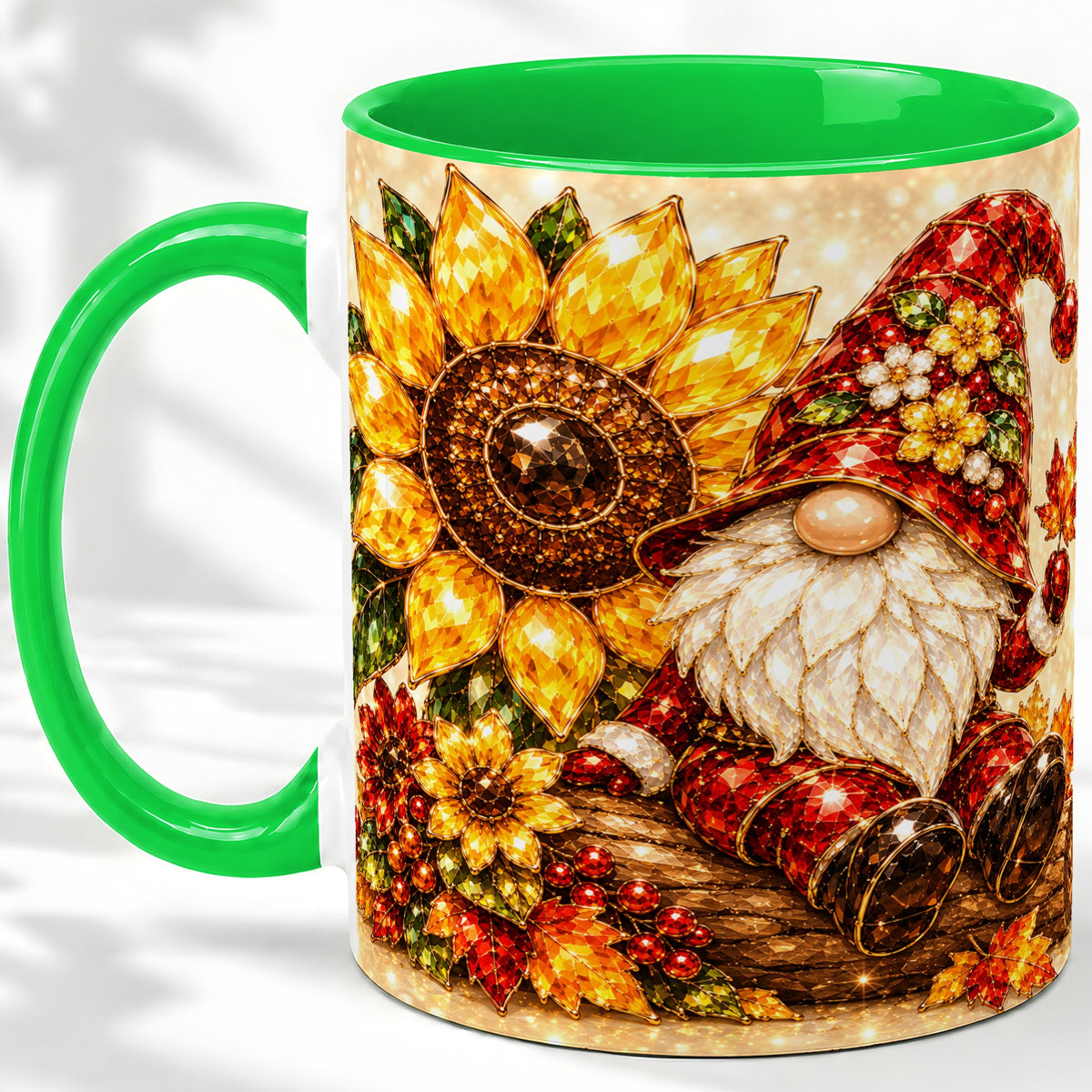 #pl[11oz|Green] Autumn Gnome Accent Mug, Sunflower and Maple Leaf Fall Design
