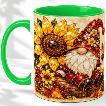 #pl[11oz|Green] Autumn Gnome Accent Mug, Sunflower and Maple Leaf Fall Design