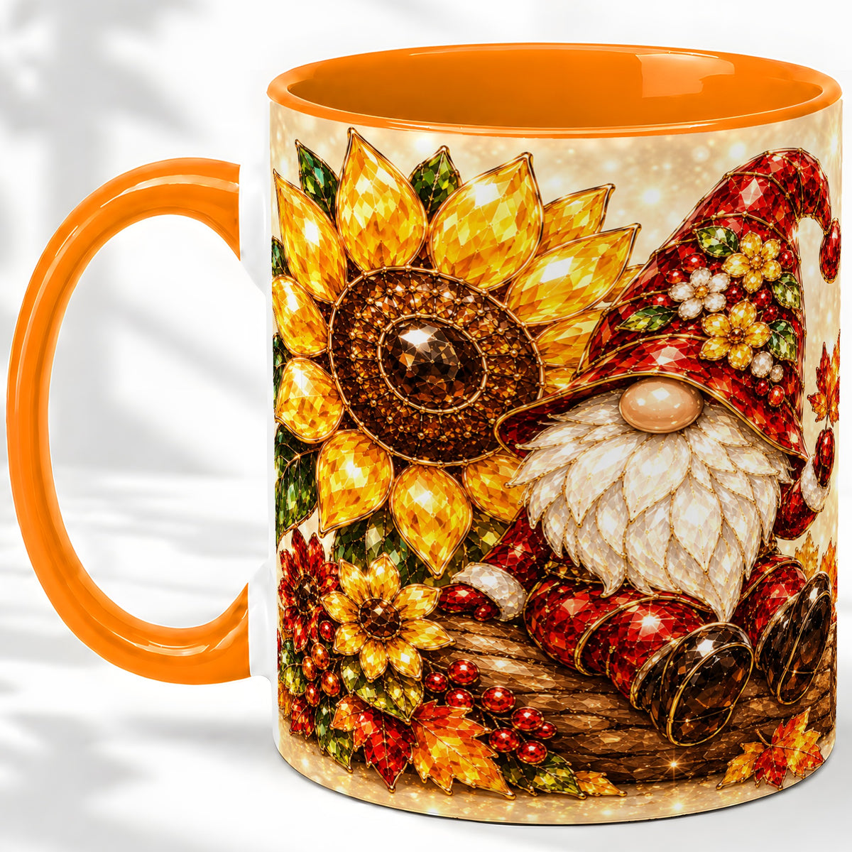 #pl[11oz|Orange] Autumn Gnome Accent Mug, Sunflower and Maple Leaf Fall Design