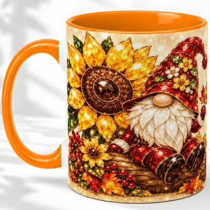 #pl[11oz|Orange] Autumn Gnome Accent Mug, Sunflower and Maple Leaf Fall Design