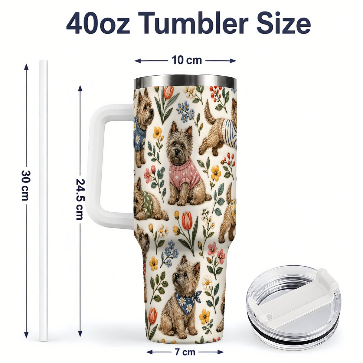 #pl[40oz|White] Floral Terrier 40oz Tumbler, Botanical Dog Pattern Drinkware for Daily Use
