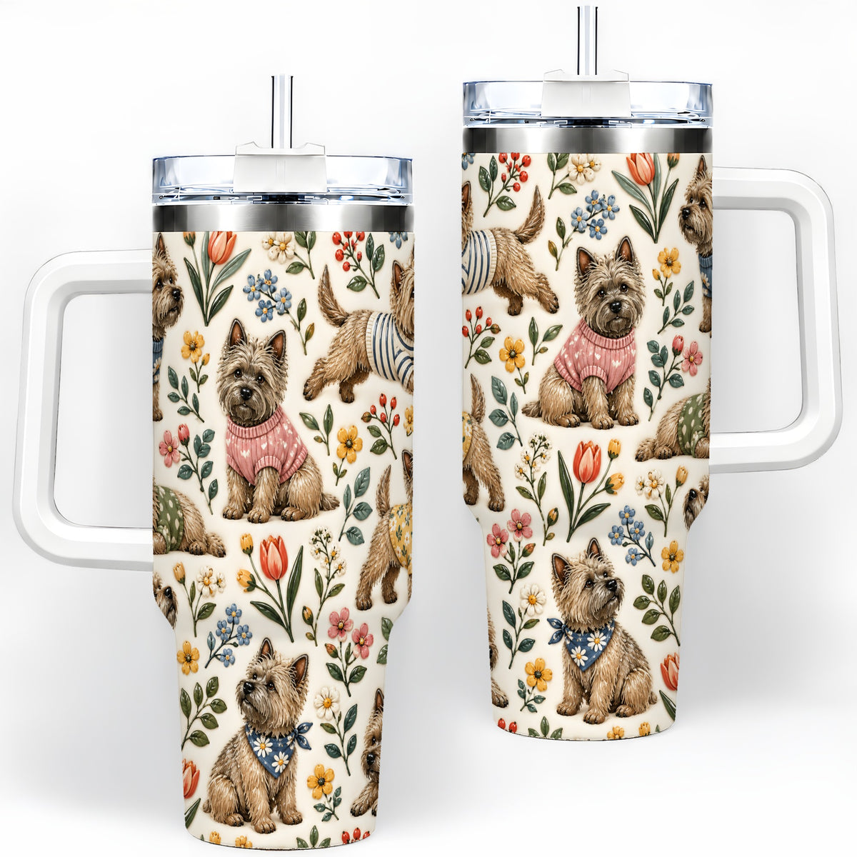 Floral Terrier 40oz Tumbler, Botanical Dog Pattern Drinkware for Daily Use