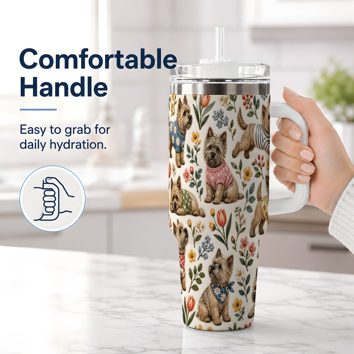#pl[40oz|White] Floral Terrier 40oz Tumbler, Botanical Dog Pattern Drinkware for Daily Use