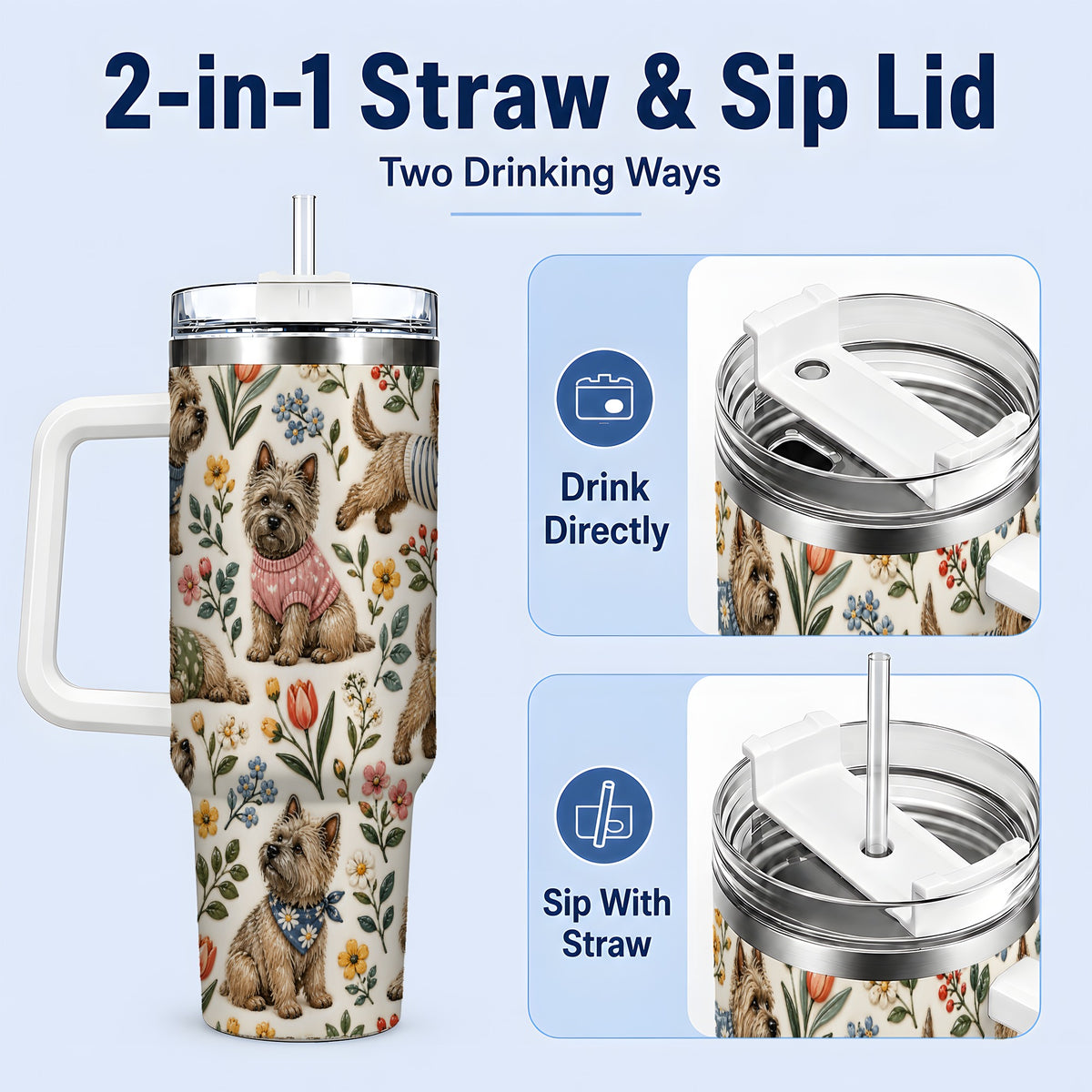 #pl[40oz|White] Floral Terrier 40oz Tumbler, Botanical Dog Pattern Drinkware for Daily Use