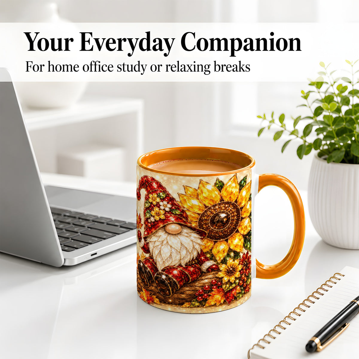 #pl[11oz|Orange] Autumn Gnome Accent Mug, Sunflower and Maple Leaf Fall Design