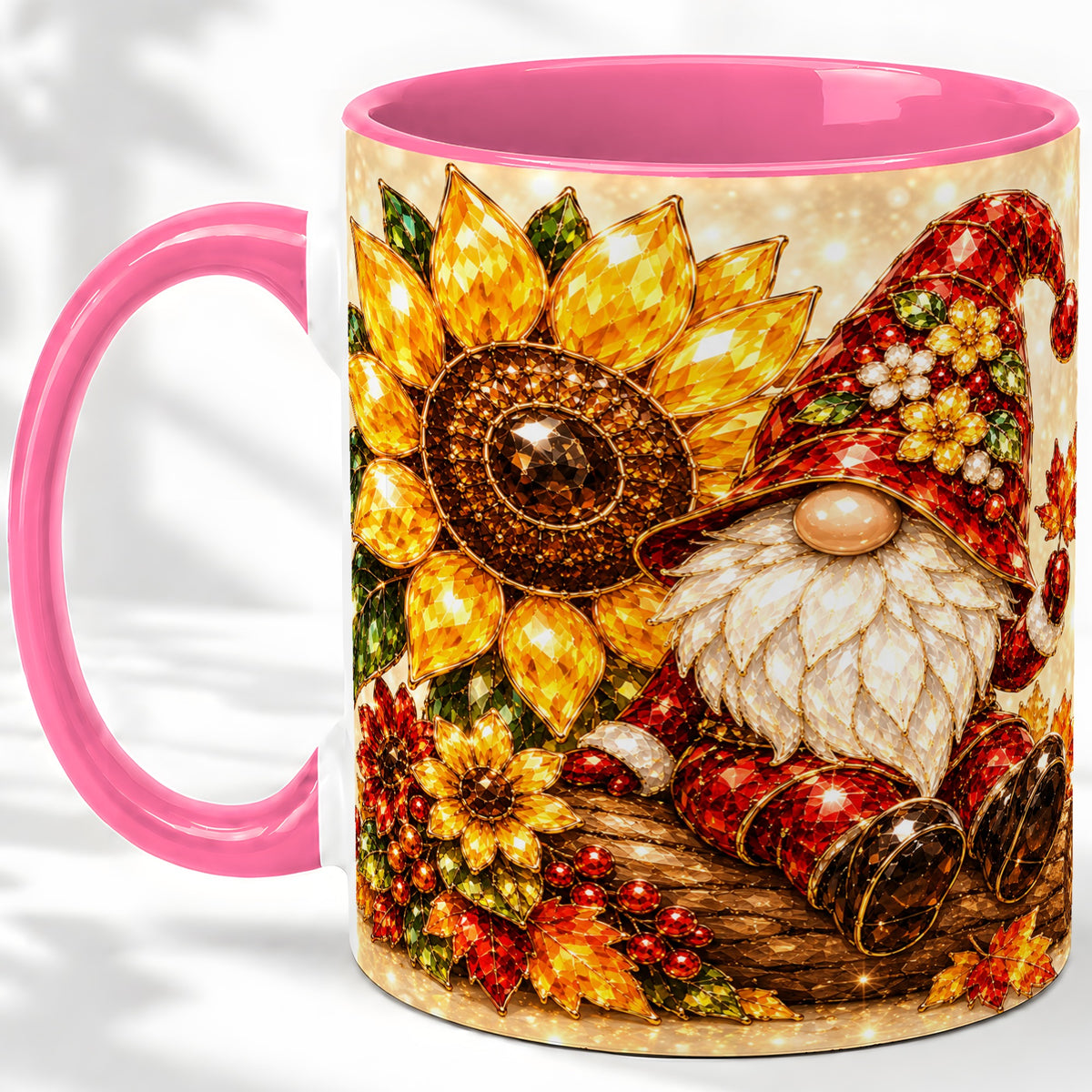 #pl[11oz|Pink] Autumn Gnome Accent Mug, Sunflower and Maple Leaf Fall Design