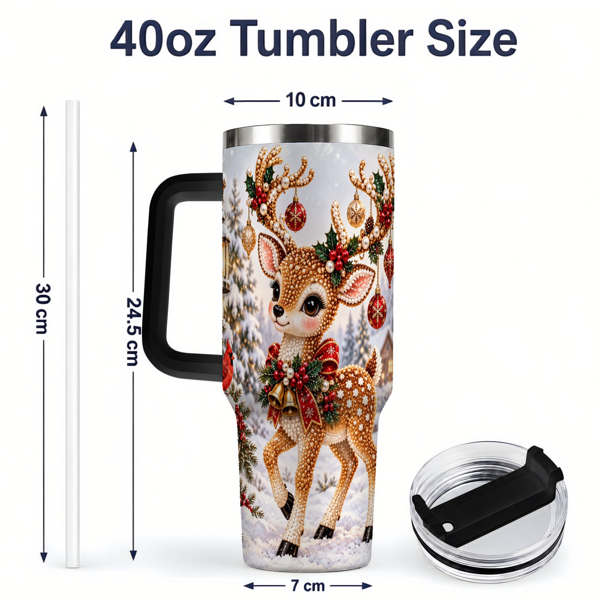 #pl[40oz|Black] Festive Reindeer 40oz Tumbler, Christmas Ornament Scene Drinkware