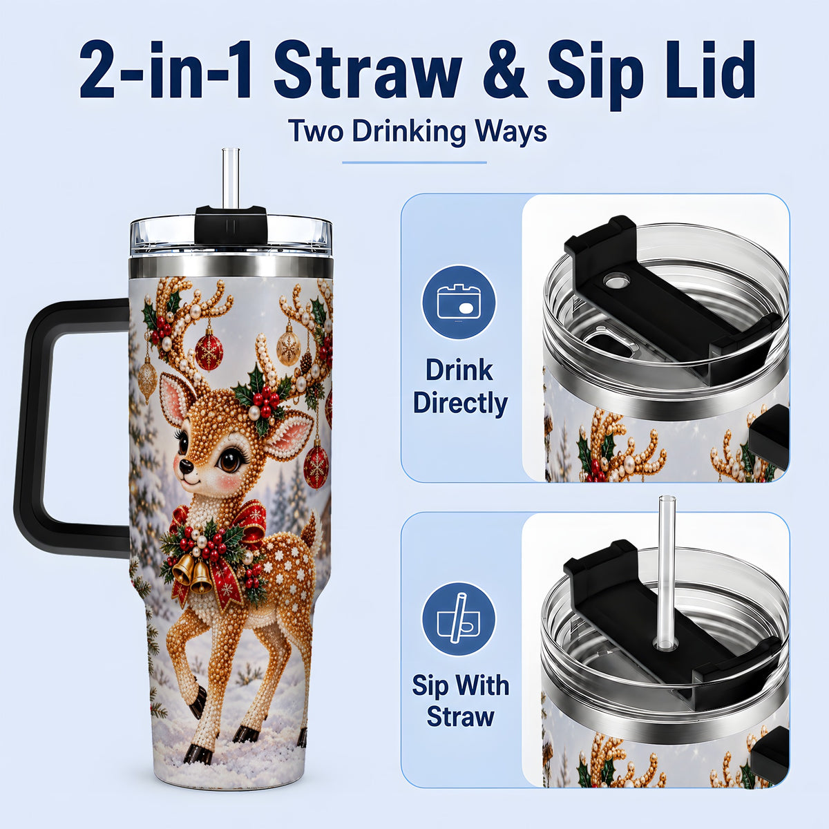 #pl[40oz|Black] Festive Reindeer 40oz Tumbler, Christmas Ornament Scene Drinkware