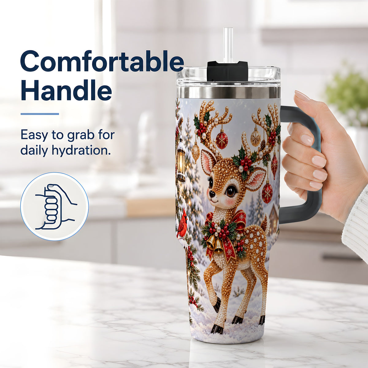 #pl[40oz|Black] Festive Reindeer 40oz Tumbler, Christmas Ornament Scene Drinkware