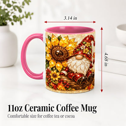 #pl[11oz|Pink] Autumn Gnome Accent Mug, Sunflower and Maple Leaf Fall Design