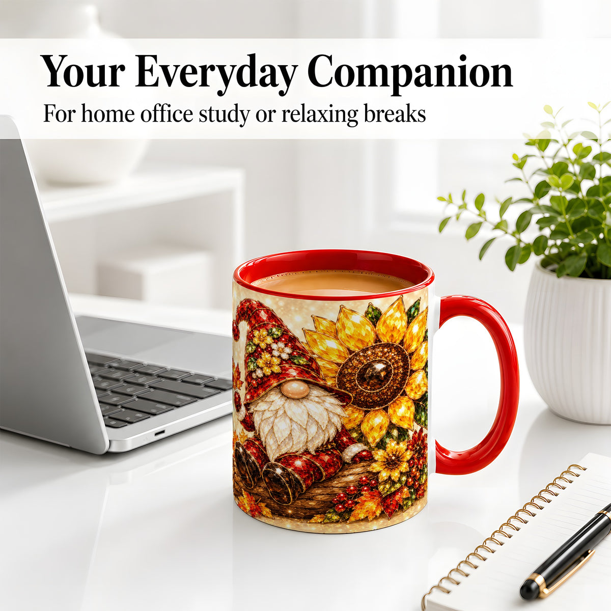 #pl[11oz|Red] Autumn Gnome Accent Mug, Sunflower and Maple Leaf Fall Design