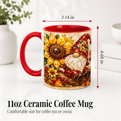 #pl[11oz|Red] Autumn Gnome Accent Mug, Sunflower and Maple Leaf Fall Design