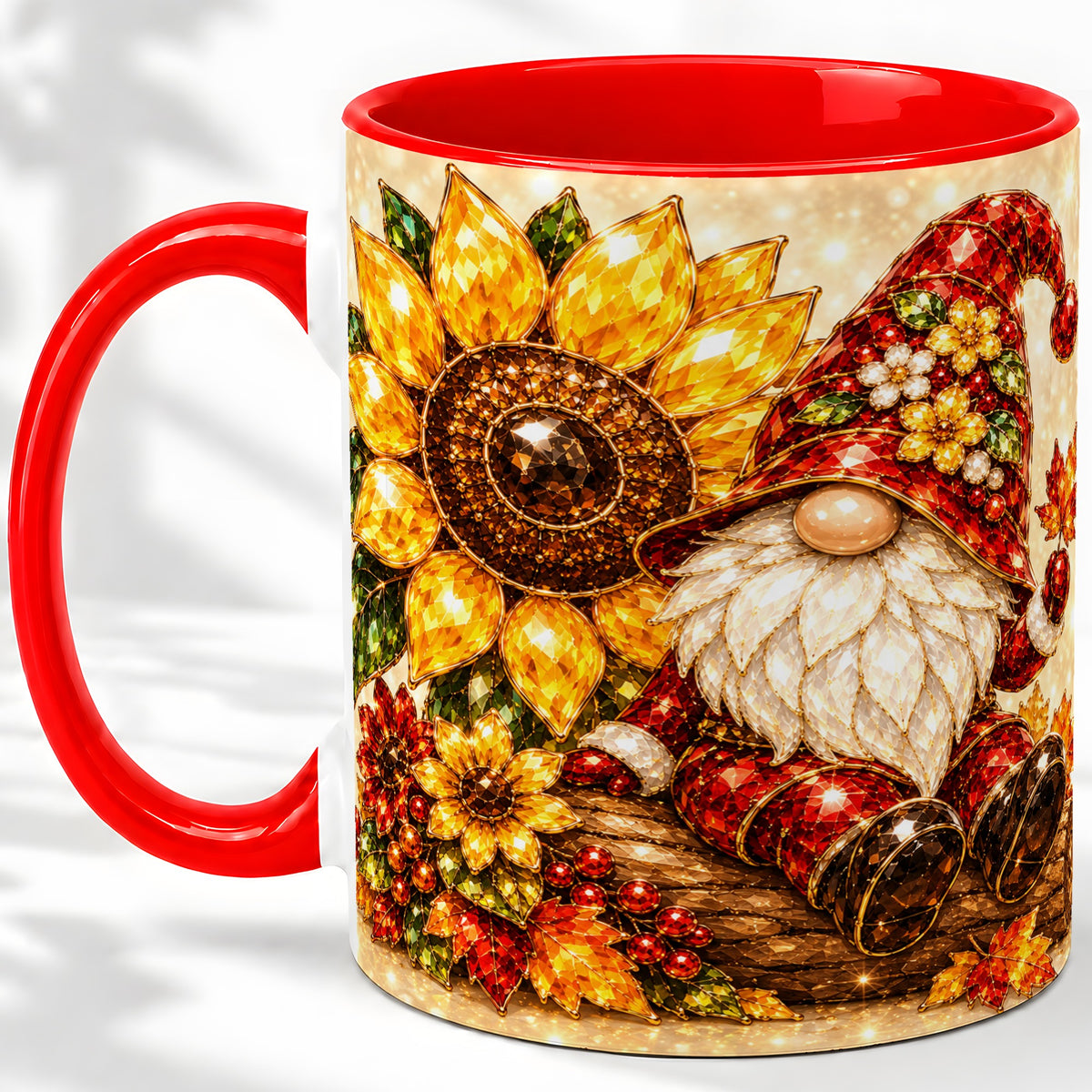 Autumn Gnome Accent Mug, Sunflower and Maple Leaf Fall Design