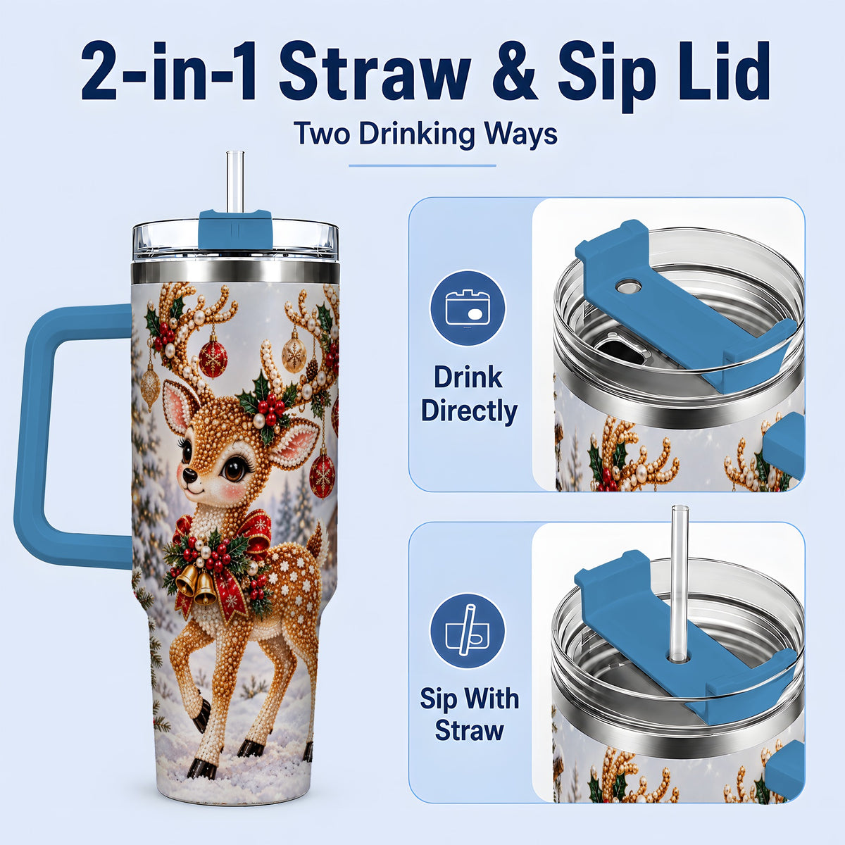 #pl[40oz|Blue] Festive Reindeer 40oz Tumbler, Christmas Ornament Scene Drinkware