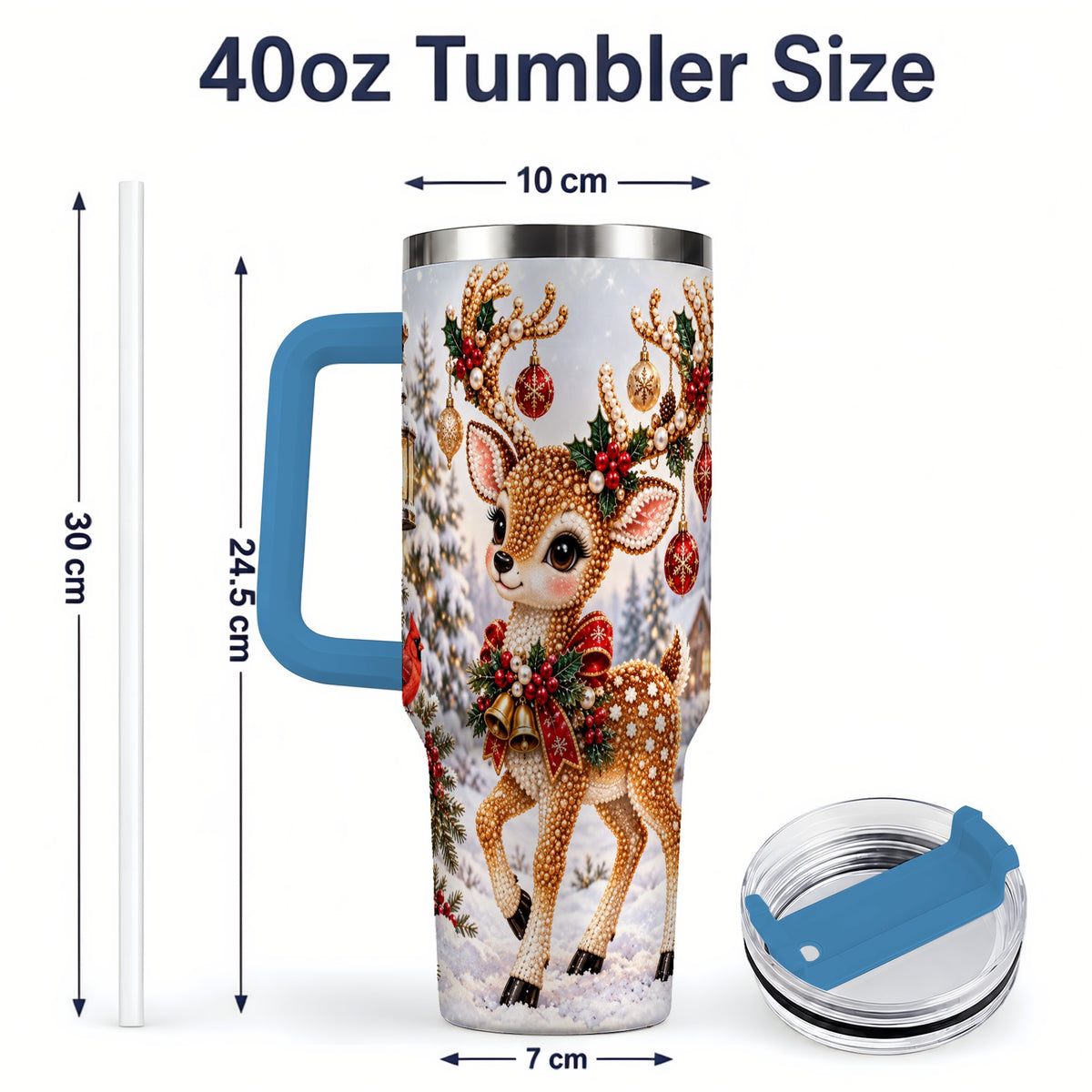 #pl[40oz|Blue] Festive Reindeer 40oz Tumbler, Christmas Ornament Scene Drinkware