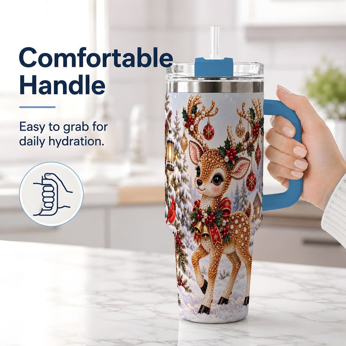 #pl[40oz|Blue] Festive Reindeer 40oz Tumbler, Christmas Ornament Scene Drinkware