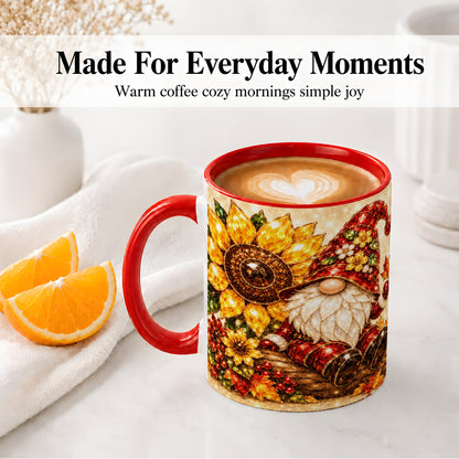 #pl[11oz|Red] Autumn Gnome Accent Mug, Sunflower and Maple Leaf Fall Design