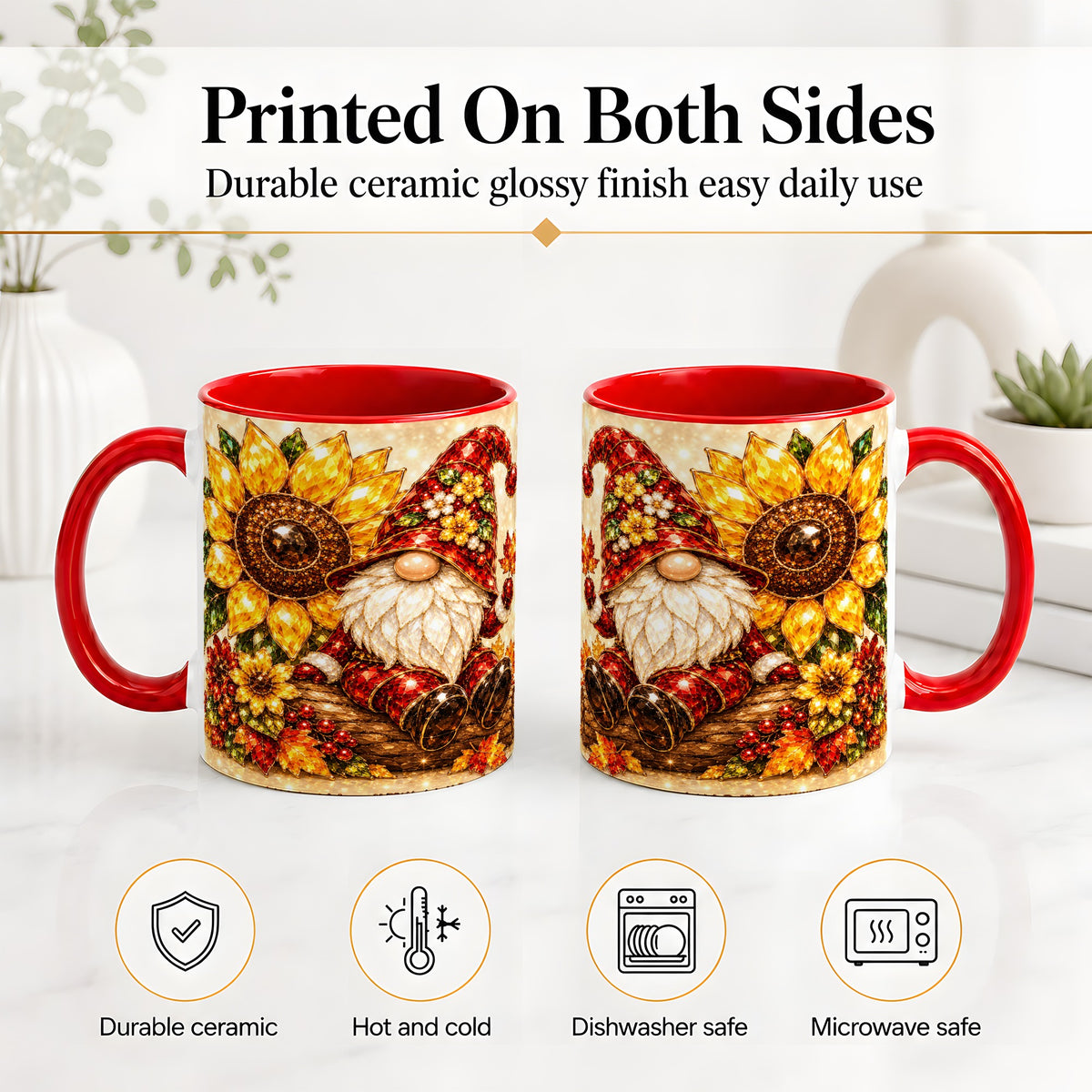 #pl[11oz|Red] Autumn Gnome Accent Mug, Sunflower and Maple Leaf Fall Design