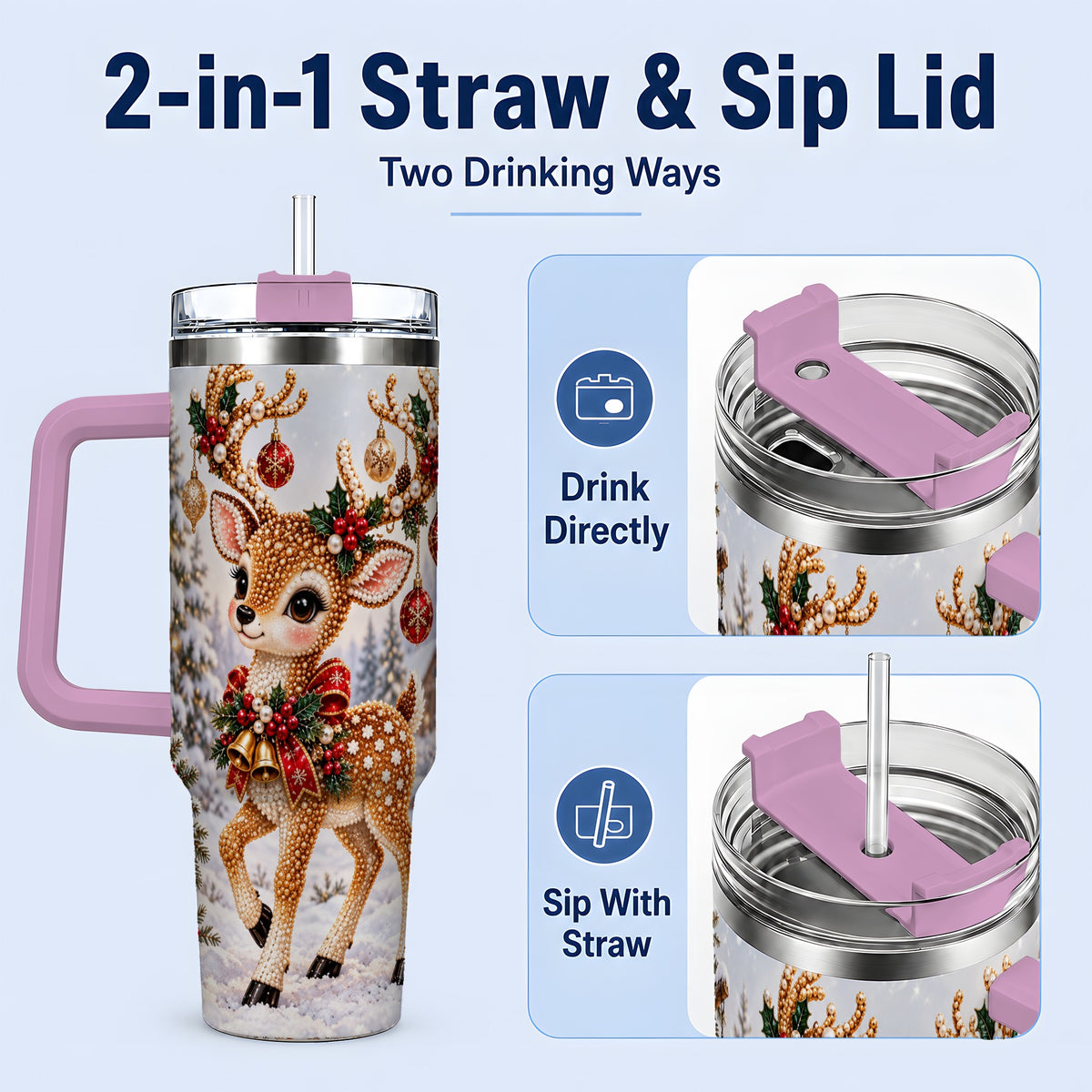#pl[40oz|Pink] Festive Reindeer 40oz Tumbler, Christmas Ornament Scene Drinkware