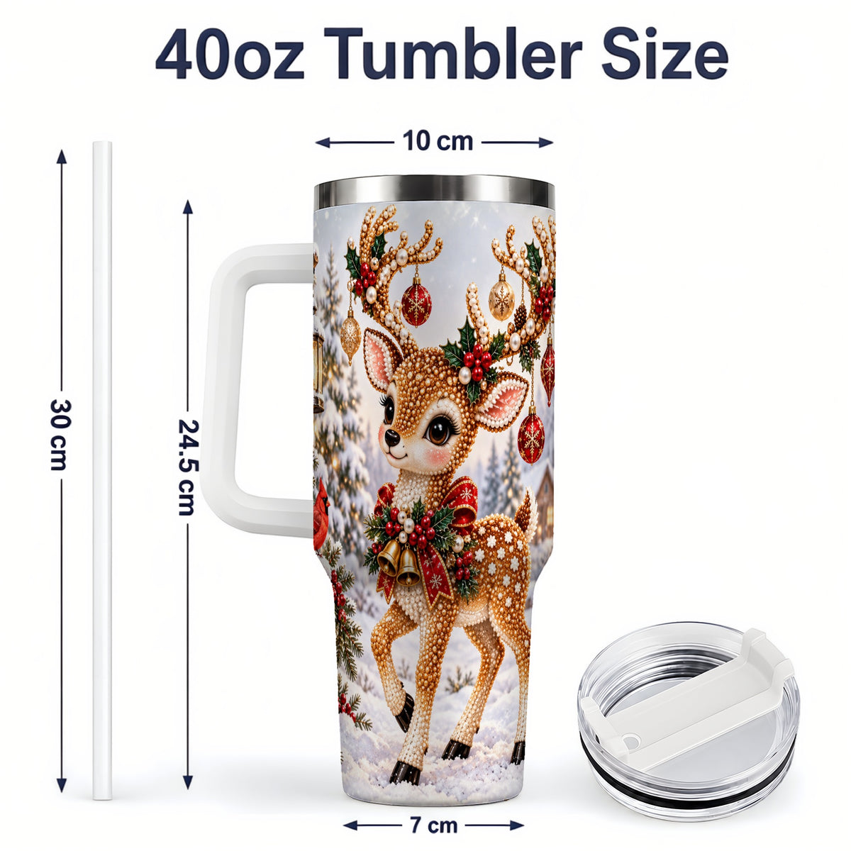 #pl[40oz|White] Festive Reindeer 40oz Tumbler, Christmas Ornament Scene Drinkware
