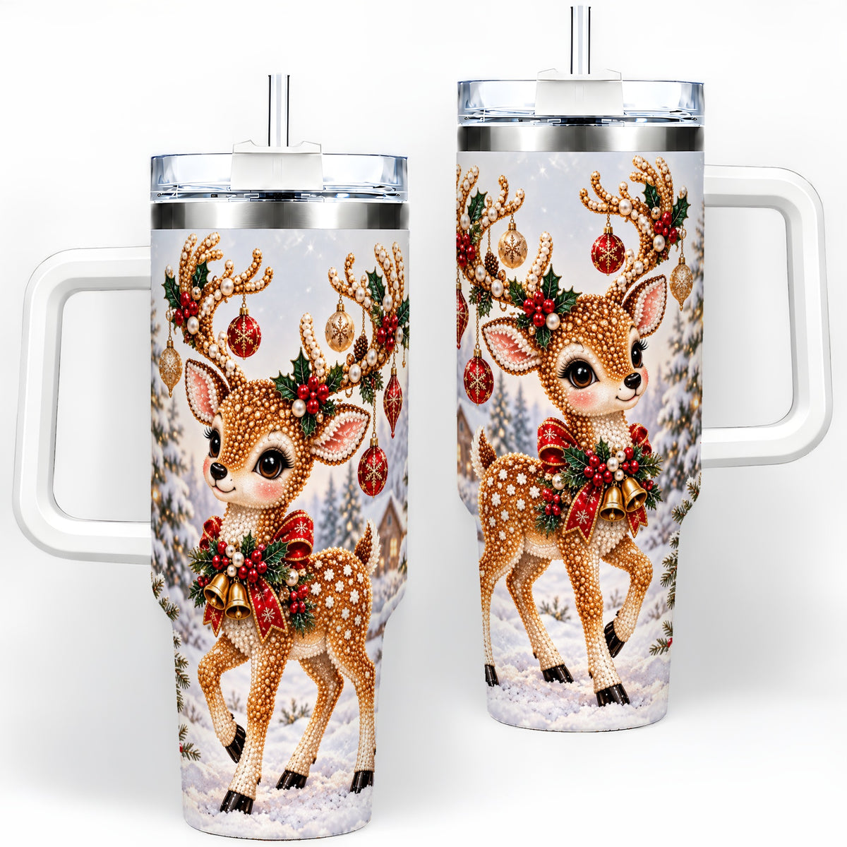 Festive Reindeer 40oz Tumbler, Christmas Ornament Scene Drinkware
