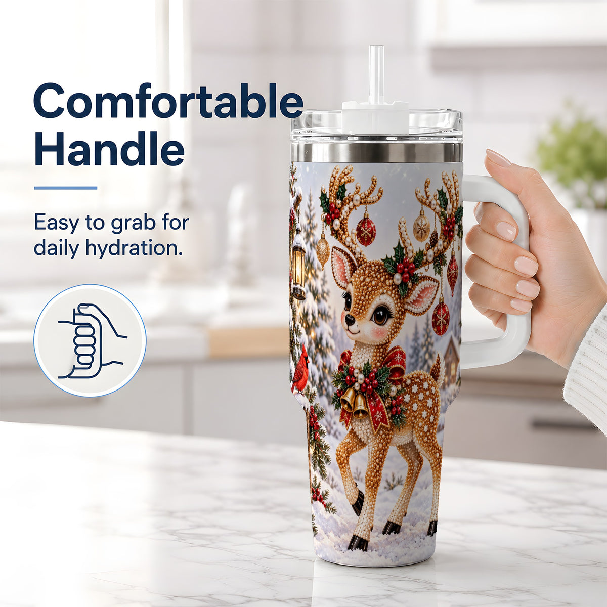 #pl[40oz|White] Festive Reindeer 40oz Tumbler, Christmas Ornament Scene Drinkware