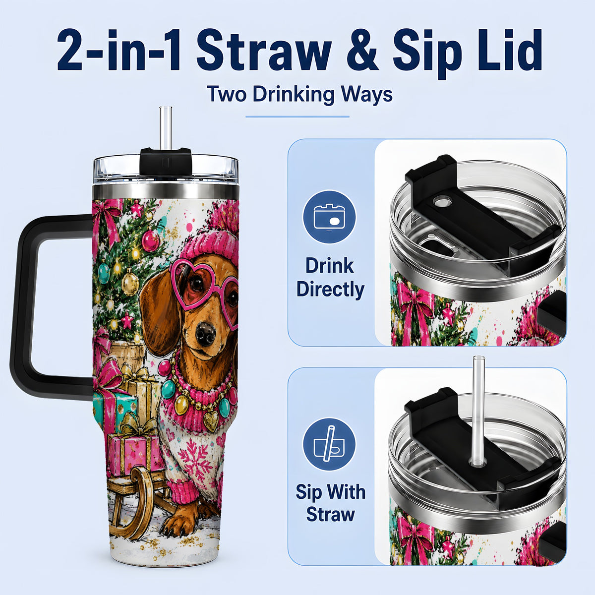 #pl[40oz|Black] Colorful Christmas Dachshund 40oz Tumbler, Festive Dog Art Drinkware