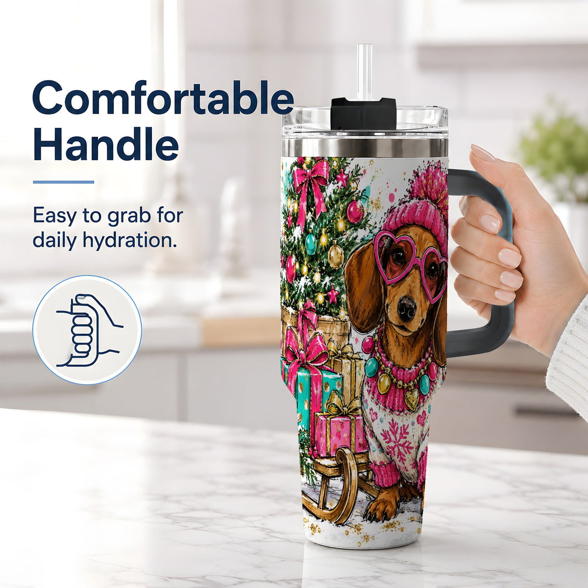 #pl[40oz|Black] Colorful Christmas Dachshund 40oz Tumbler, Festive Dog Art Drinkware