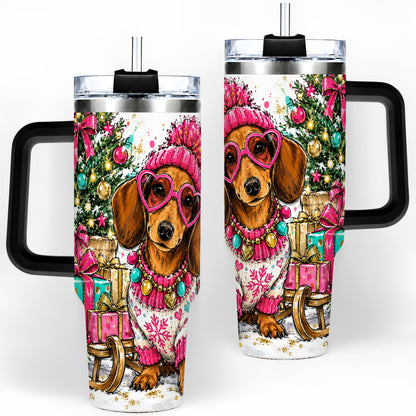 #pl[40oz|Black] Colorful Christmas Dachshund 40oz Tumbler, Festive Dog Art Drinkware