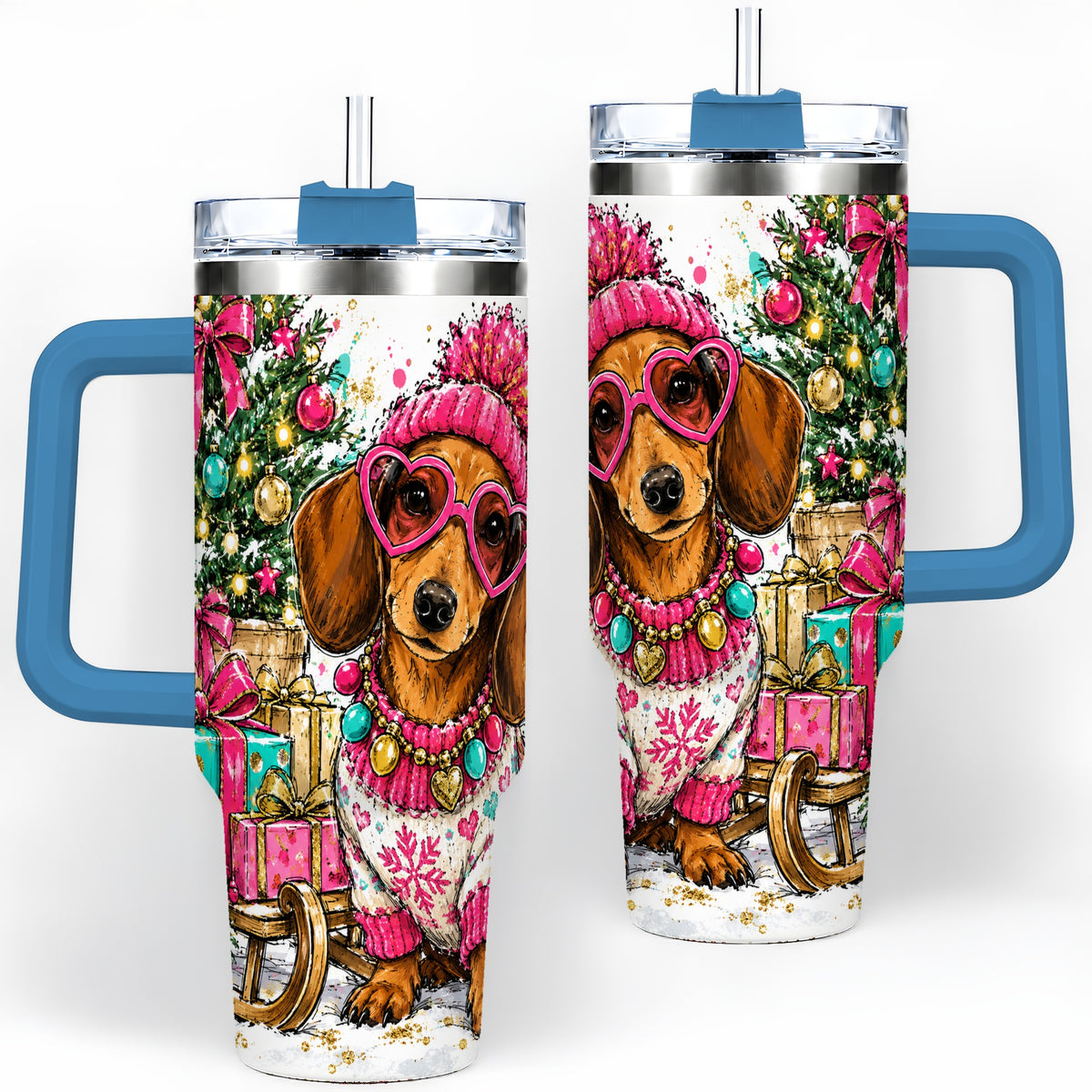 #pl[40oz|Blue] Colorful Christmas Dachshund 40oz Tumbler, Festive Dog Art Drinkware